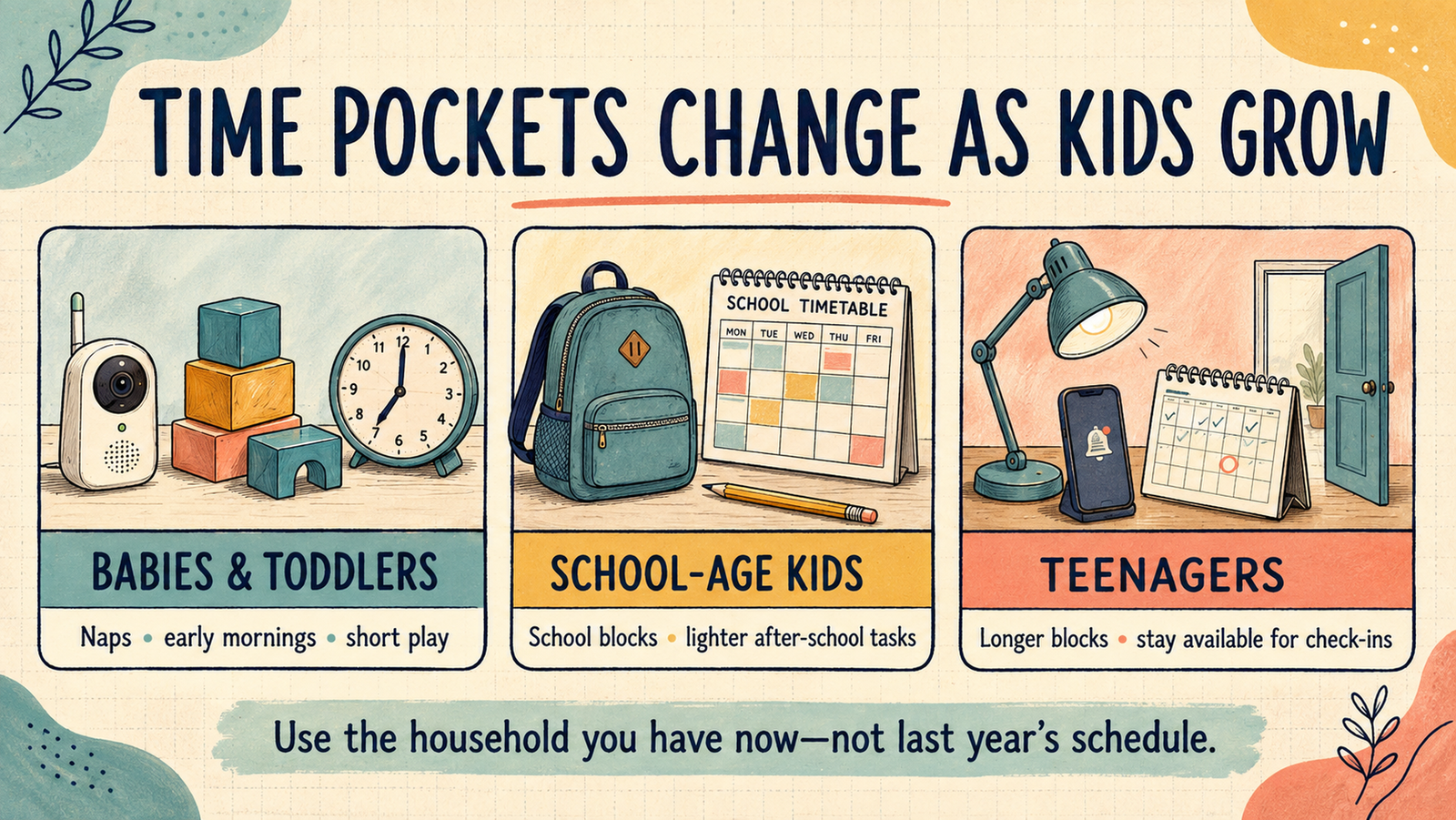 How time pockets change as kids grow: babies and toddlers, school-age kids, and teenagers